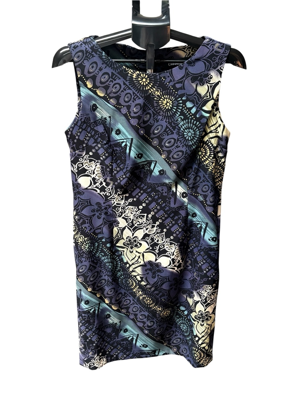Connected Apparel Navy, Teal & Cream Printed Midi Sheath Dress, 14